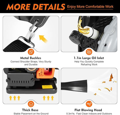 63CC Backpack Gas Powered Leaf Blower, Commercial 2.7kW 850CFM 4.3HP 2-Stroke Powerful Lightweight Gasoline Grass Lawn Blower with Harness Air-Cooled & 1.8L Fuel Tank for Yard Lawn Care, Snow Removal