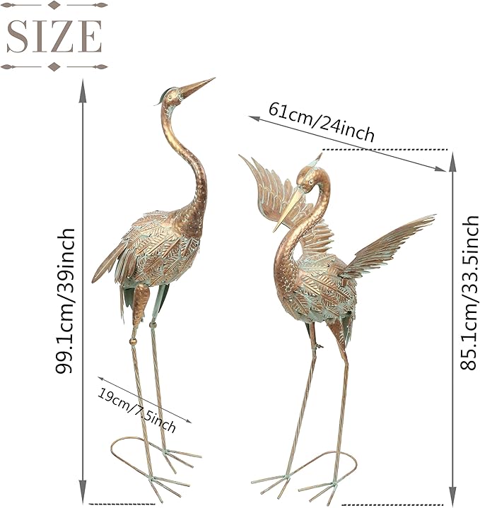 TERESA'S COLLECTIONS Garden Decor, Set of 2 Cranes Garden Decor, 33-39", Elegant Cranes with Golden Painting, Waterproof Metal Garden Statue, Herons Gifts Birthday Gifts for Women Mom