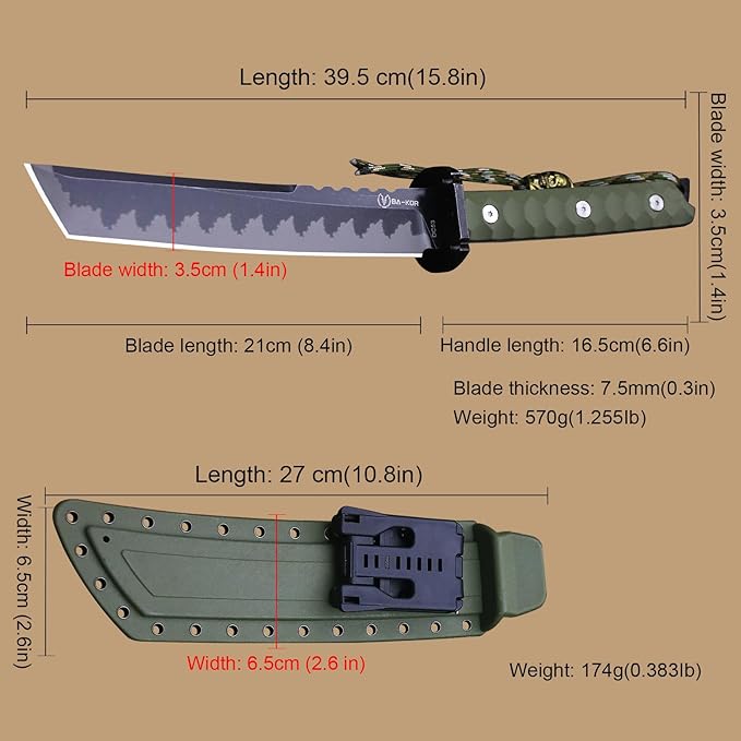 BA-KOR 15.8in Full Tang Japanese Style Outdoor Knife –8mm DC53 Steel, Nylon Fiber Handle &Sheath, Hunting Survival Knife+(5.9in) cerium igniter (Green handle and black blade (8mm))