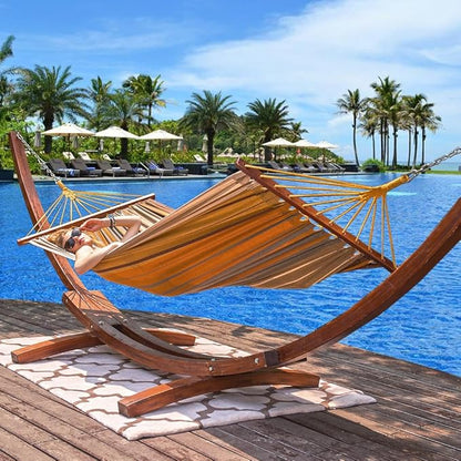 Lazy Daze Hammocks Cotton Fabric Spreader Bar Hammock and 10.5 Ft Wood Arc Hammock Stand Combo, for Indoor, Outdoor, Patio, Garden, Backyard, Khaki and Brown