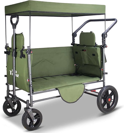 TMZ Collapsible Wagon Cart with Side-Opening Seat Conversion Design, Foldable Utility Wagon with 2 Seats, Heavy Duty Wagon 265 lbs Load Capacity (Green)