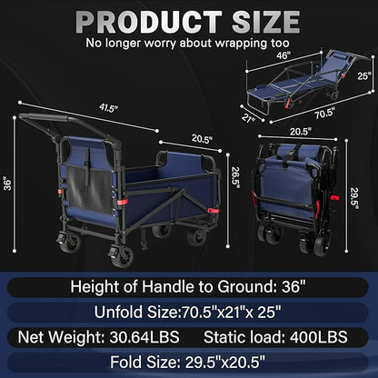 LEVELEVE 400lb Capacity 2-in-1 Folding Wagon - All-Terrain Wheels w/Brakes + Side Pockets | Heavy Duty Utility Cart for Camping, Shopping, Sports