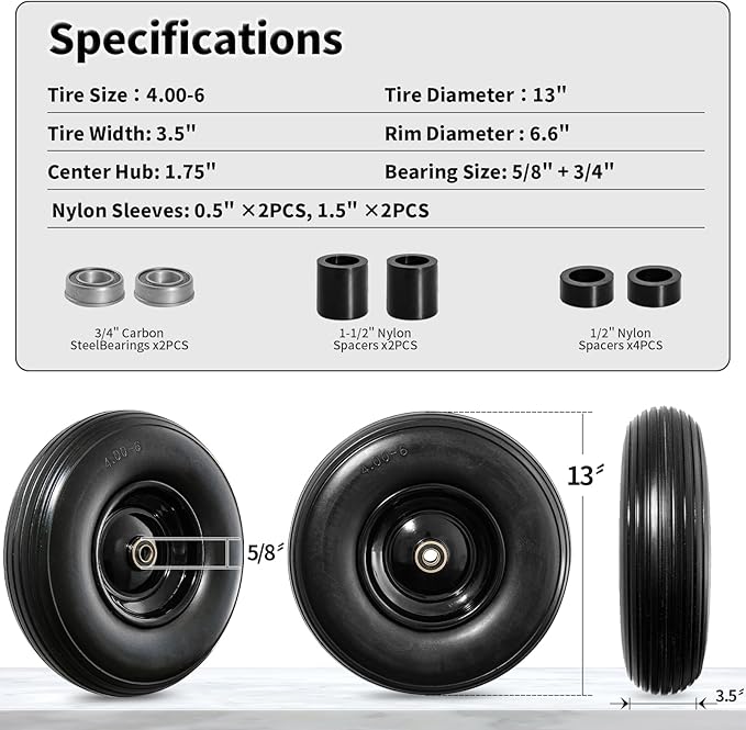 13 Inch Solid Tire Wheel - Replacement 4.00-6" Flat Free Heavy Duty Wheel with 5/8", 3/4" Bearings, 1.75" Center Hub - Fits Garden Cart, Wheelbarrow, Dolly, Hand Truck, Trailer, Utility Wagon, 2 Pcs