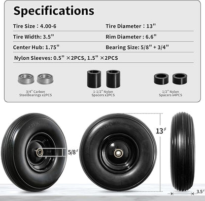 13 Inch Solid Tire Wheel - Replacement 4.00-6" Flat Free Heavy Duty Wheel with 5/8", 3/4" Bearings, 1.75" Center Hub - Fits Garden Cart, Wheelbarrow, Dolly, Hand Truck, Trailer, Utility Wagon, 2 Pcs