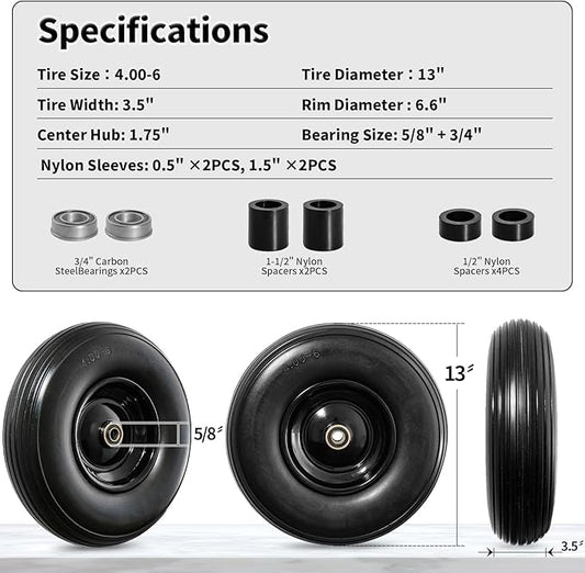 13 Inch Solid Tire Wheel - Replacement 4.00-6" Flat Free Heavy Duty Wheel with 5/8", 3/4" Bearings, 1.75" Center Hub - Fits Garden Cart, Wheelbarrow, Dolly, Hand Truck, Trailer, Utility Wagon, 2 Pcs