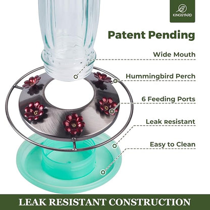 Kingsyard 2 Pack Glass Hummingbird Feeder for Outdoors, 16 Oz Wild Bird Feeder with 6 Feeding Ports Hanging for Garden Yard, Green (Ant Moat Included)