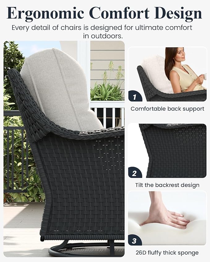 LayinSun 5 Piece Wicker Outdoor Furniture Set with 6-inch Comfy Cushions, High Back Patio Furniture Set with Swivel Rocking Chairs and Fire Pit Table