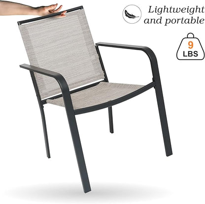 5-Piece Outdoor Patio Dining Set, 40-Inch Round Glass Table with 4 Stackable Chairs, Beige Grey