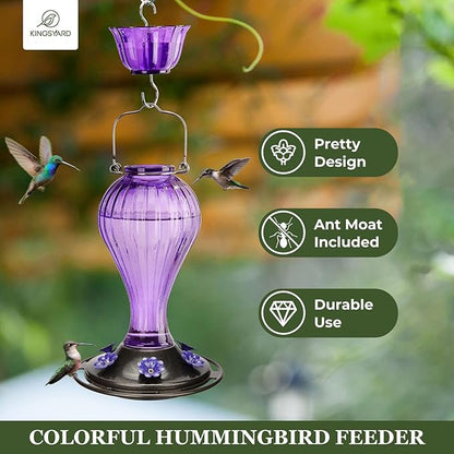 Kingsyard 2 Pack Glass Hummingbird Feeder 24 Ounces, 6 Feeding Ports, Hanging Bird Nectar Feeder for Outdoors Garden Yard Décor, Ant Moat Included, Purple