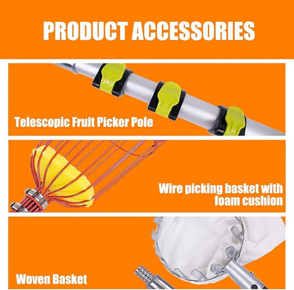 13FT Telescopic Fruit Picker with Wire Basket and Bag Basket,Adjustable Fruit Picker Pole with Basket Telescoping,4-13FT Fruit Picker Pole,Suitable for Picking Apples,Mangoes,Plums and Others