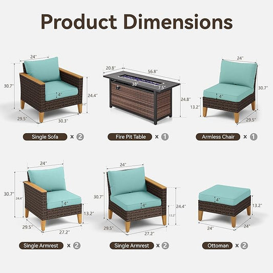 GREEN PARTY 9 Pieces Wicker Patio Furniture Set with 56" Fire Pit Table, All-Weather Outdoor Rattan Patio Sectional Sofa Conversation Set 9 Seats with 4" Thick Cushions for Garden, Backyard (Blue)