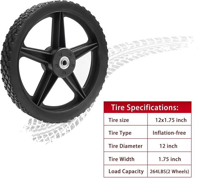 Parts Camp 12" Lawn Mower Wheels Kits 12 x 1.75'' Spoked Plastic Wheel and Tire For Push Mower Wheel/Pressure Washer/Garden Cart/Air Compressor/Wheelbarrow/Handtruck/Generator/Dolly Tires (Set of 2)