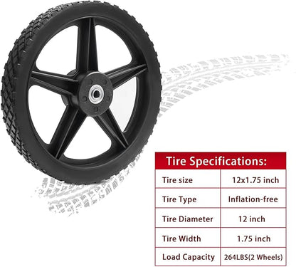 Parts Camp 12" Lawn Mower Wheels Kits 12 x 1.75'' Spoked Plastic Wheel and Tire For Push Mower Wheel/Pressure Washer/Garden Cart/Air Compressor/Wheelbarrow/Handtruck/Generator/Dolly Tires (Set of 2)