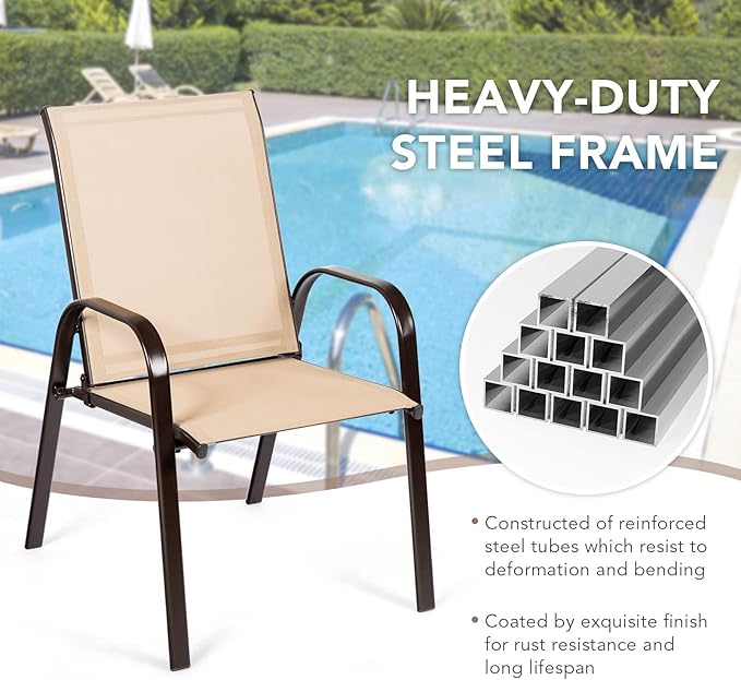 Tangkula 4 Piece Patio Dining Chairs, Outdoor Bistro Chairs W/Curved Armrests, Easy-to-Dry Fabric, Reinforced Steel Frame, Wide & Comfortable Camping Chairs for Garden, Poolside, Backyard (2, Beige)