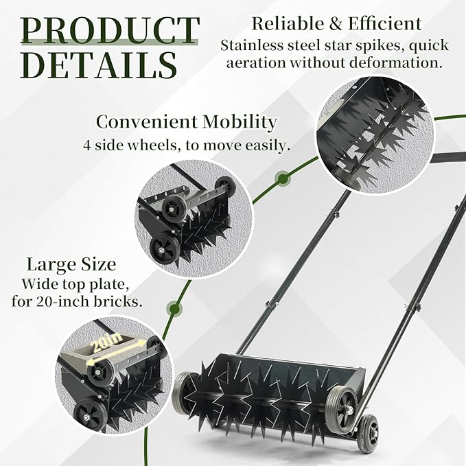 VINGLI Lawn Aerator, 19-Inch Heavy Duty Push Spike Aerator with 4 Wheels, Easy-to-Assemble, 45'' Push Rolling Aerator for Lawm, Yard and Garden(Black)