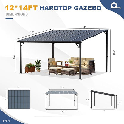 MEISSALIVVE 12' x 14' Wall Mounted Lean to Metal Awning Sloped Roof Patio Backyard Deck, Black