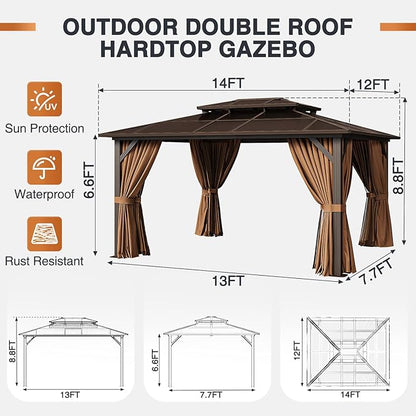 JolyDale14'x12' Hardtop Gazebo, Outdoor Polycarbonate Double Roof Pavilion with Aluminum Frame, Netting, and Curtains, Ideal for Patios, Gardens, and Backyards