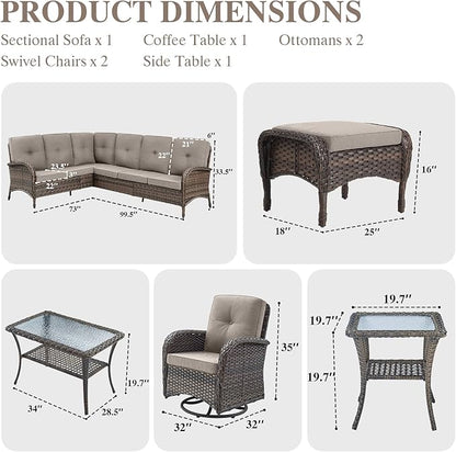 HUMMUH Outdoor Patio Furniture Set,L-Shaped Sectional Couches with Swivel Patio Chairs,Wicker Conversation Set for Deck,Backyard,Porch,Garden