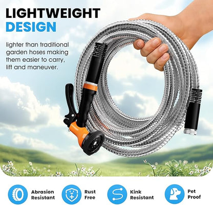 Garden Hose Metal 25 FT, Flexible Stainless Steel Water Hose with 10 Function Nozzle, Kink Free, Lightweight & Durable, Crush Resistant Fitting, Puncture Proof Hose for Yard, Rv, 600 PSI 2025 New