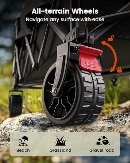Wagon Cart Foldable, Collapsible Wagon with Expandable Storage, 150L Foldable Grocery Cart with 2 Cup Holders for Outdoor, Garden, Camping &Groceries