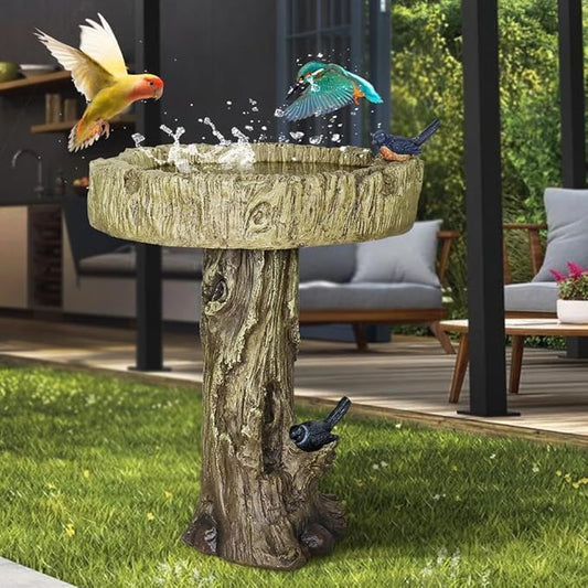 watnature 24.4” H Fibre Reinforced Concrete Outdoor Garden Bird Bath with Birds, Woodland Tree Trunk Decoration Yard Statue，Pedestal Birdbaths for Outdoors, Garden, Patio, Lawn, Backyard