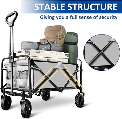 Collapsible Wagon Cart Foldable Portable Heavy Duty Folding Beach Wagons, Outdoor Utility Carts with Large Capacity for Grocery, Camping, Shopping, Fishing, Sports, Garden Gray