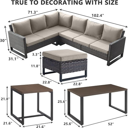 HUMMUH 10 Piece Patio Furniture Set PE Wicker 3 Outdoor Sectional Sofa Set with Patio Swivel Chairs Dinning Table Ottomans for Porch,Garden,Backyard,Deck(Brown/Grey)
