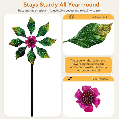 Solar Glow Garden Wind Spinner Outdoor, 13" W Flower Metal Wind Spinner & Sculptures with Fluorescent Coating, Kinetic Windmill for Yard Lawn Patio Decor