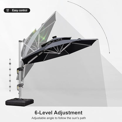 PURPLE LEAF 10ft Solar powered LED Patio Umbrella Outdoor Round Umbrellas Large Cantilever Umbrella with LED lights Windproof Offset Heavy Duty Sun Umbrellas for Garden Deck Pool Patio, Grey