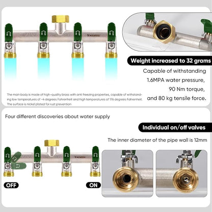 4 Way Garden Hose Splitter, Heavy Duty Brass Nickel Plated Rust Resistant Faucet Manifold, 3/4" Frost Resistant Outdoor Hose Adapter Connector，Hose Spigot Adapter with 4 large Green handles