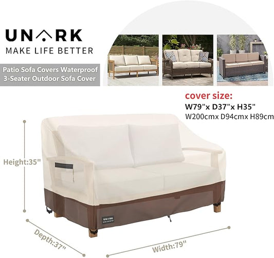 Patio 3-Seater Sofa Cover, 3 Seater Outdoor Couch Cover Waterproof Couch Covers Fits up to 79W x 37D x 35H Inches, Waterproof Heavy Duty Patio Furniture Covers, Beige and Brown