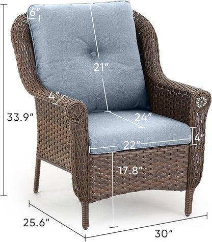 Patio Wicker Chairs Outdoor Furniture Chair - Set of 4 Outside All Weather Lawn Dining Brown Rattan Armchair with High Back&Deep Seating for Deck Porch Balcony Backyard Garden - Baby Blue
