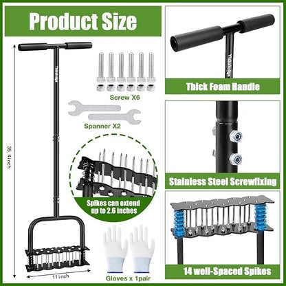 Manual Aerator Lawn Tool with Spring Base and 14 Steel Spike,Automatic Dirt and Leaf Clean,Grass Aerator for Loosening Soil in Yard, Gardan, Patio, Pre-Assembled Lawn Aerator Installation Kit