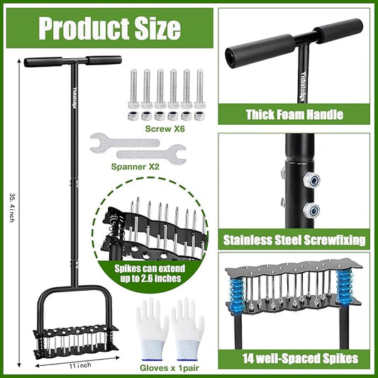 Manual Aerator Lawn Tool with Spring Base and 14 Steel Spike,Automatic Dirt and Leaf Clean,Grass Aerator for Loosening Soil in Yard, Gardan, Patio, Pre-Assembled Lawn Aerator Installation Kit
