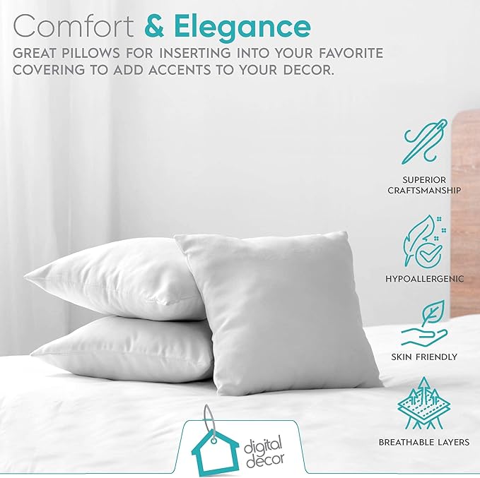 Digital Decor Premium Throw Pillow Inserts Sham - Decorative White Square Form Pillow Inserts - Perfect for Bedroom, Sofa & Couch (1 Pack)