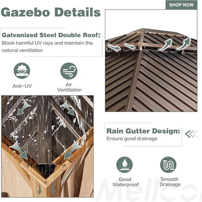 MELLCOM 12'x14' Wood Looking Hardtop Gazebo, Aluminum Frame and Galvanized Steel Double Roof, Metal Outdoor Gazebo with Curtains and Nettings for Deck Backyard and Patio