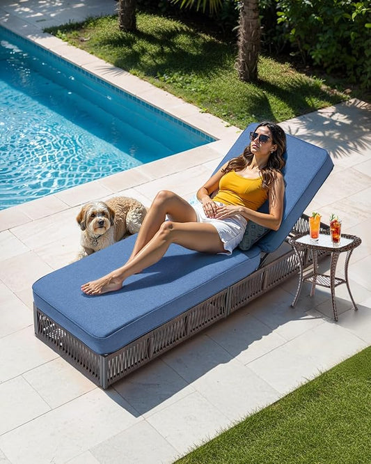 Luxury Outdoor Chaise Lounges with 5 Inch Thickened Cushions - Set of 4 High Back Brown Wicker Patio Recliners Rattan Reclining Chairs Porch Poolside Pool Sunbathing Lounger - Navy Blue