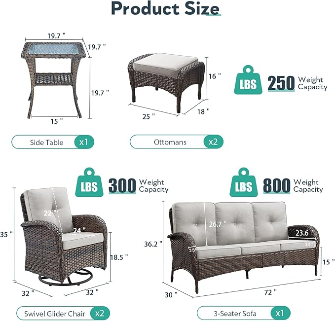 6 Piece Patio Furniture Set - Wicker Patio Conversation Set with Swivel Glider, 3-Seater Sofa, Tempered Glass Side Table and 2 Ottomans for Deck Backyard - Brown Wicker Beige Cushion