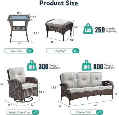 6 Piece Patio Furniture Set - Wicker Patio Conversation Set with Swivel Glider, 3-Seater Sofa, Tempered Glass Side Table and 2 Ottomans for Deck Backyard - Brown Wicker Beige Cushion