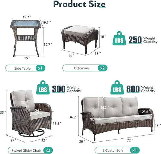6 Piece Patio Furniture Set - Wicker Patio Conversation Set with Swivel Glider, 3-Seater Sofa, Tempered Glass Side Table and 2 Ottomans for Deck Backyard - Brown Wicker Beige Cushion