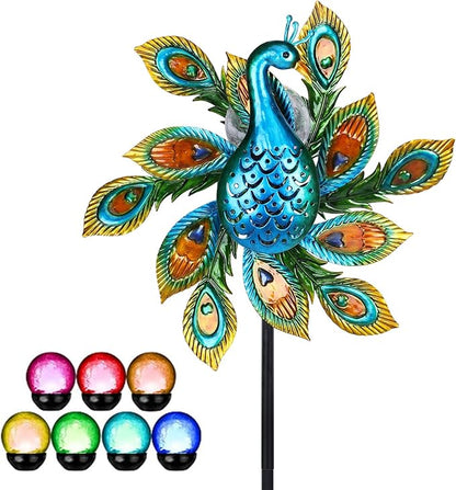 Solar Wind Spinner Outdoor Metal Kinetic Wind Spinners with LED Lighting Glass Ball Peacock Wind Spinner with Stake Decorative Windmill for Yard Lawn Garden Patio Decor