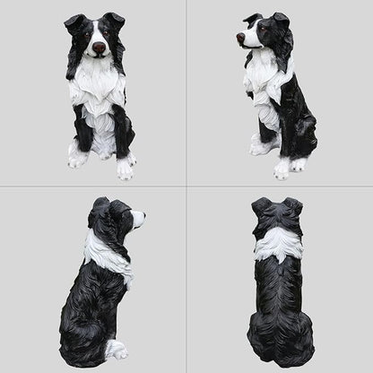Border Collie Solar Welcome Statue, Hand-Painted Resin Sitting Dog Figurine with Lantern and Dual Wooden-Style Signs, Intelligent Guardian Sculpture for Garden and Porch Décor