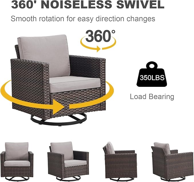 Wicker Outdoor Swivel Chairs Set of 4 with Fire Pit Table, 5 Pieces Patio Furniture Set with Fire Pit Table for Yard, Deck, Garden, Brown/Beige