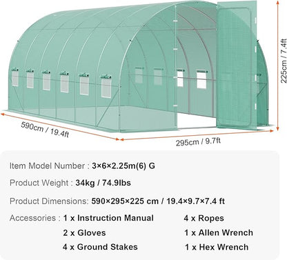 VEVOR Walk-in Tunnel Greenhouse, 19.4x9.7x7.4 ft Hoop House Greenhouse Tunnel, Plant Hot House with Galvanized Steel Frame, Green PE Cover, Swing Door and 12 Roll-up Windows for Outdoor