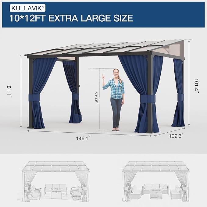 Kullavik 10' × 12' Hardtop Gazebo for Patio,Wall-Mounted Lean to Gazebo Pergola with Sloping Roof and Durable Aluminum Frame,Large Heavy Duty Awnings for Decks,Backyard,NavyBlue