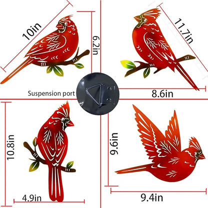 4 Pack Metal Cardinal Wall Art Decor Metal Birds 3D Outdoor Sculpture, Ornaments Hand-Made Nimble red Bird, Gifts for Mom,Birthday Gifts for Grandma Wife