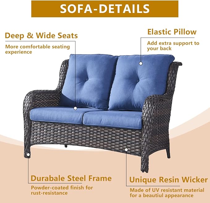 HUMMUH Outdoor Loveseat Sofa 2-Seat PE Rattan Patio Love Seat with Cushions,Deep Seat High Curved Back Armset Sectional Couch for Patio,Garden,Yard,Porch