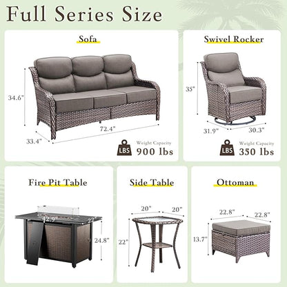 Luxury High Back Outdoor Furniture with 6-inch Extra Thick Cushions, Patio Furniture Set with Fire Pit Table & Swivel Chairs, 9 PCS Wicker Conversation Set for Yard, Deck, Poolside, Brown/Grey
