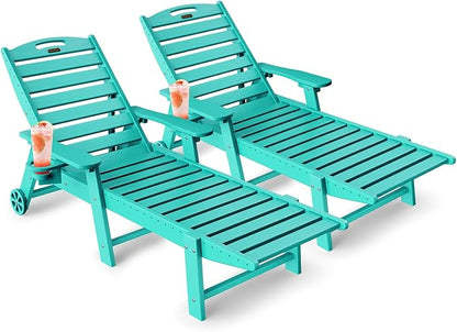 Lounge Chair Outdoor Set of 2, HDPE Chaise Lounge Chair Outdoor with 6-Position & Wheels &Cup Holder, Pool Lounge Chair for Pool Poolside Deck Backyard Patio, Lake Blue
