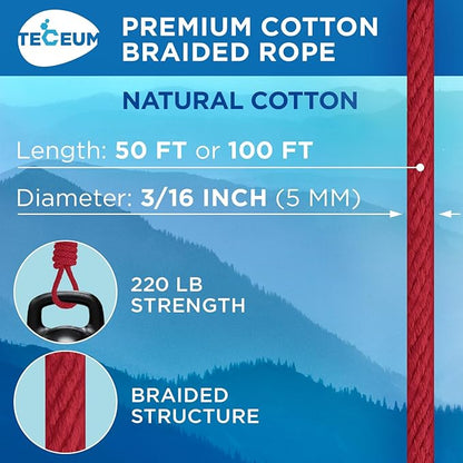 TECEUM Cotton Rope 3/16” (5 mm) – 100 FT – Strong All-Purpose Braided Rope – Natural Cotton – for Crafting, Сamping, Clothes Line, DIY, Indoor & Outdoor Use – Red